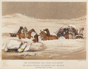 Birmingham-posten, nära Aylesbury, vakten W Price, fortsätter med väskorna (färg litho) av English School