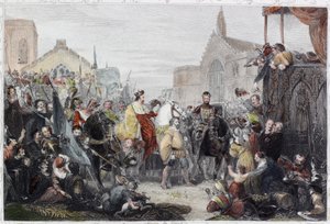 The Black Prince Entering London (färgad gravyr) av English School