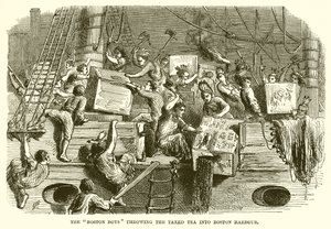 Boston Boys kastar Taxed Tea in i Boston Harbor av English School