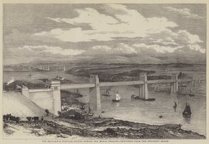 Britannia Tubular Bridge över Menaisundet (gravyr) av English School