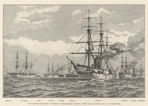 Den brittiska skvadronen kryssar i Moçambique Channel under konteramiral Sir E R Fremantle (gravyr) av English School