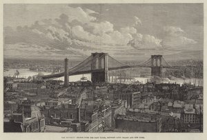 Brooklyn Bridge över East River, mellan Long Island och New York (gravyr) av English School