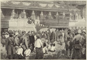 Den buddhistiske ärkebiskopen av Burmah tar emot Sir Frederick Roberts i klostret i Mandalay