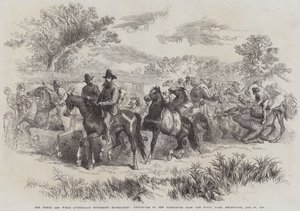 The Burke and Wills Australian Exploring Expedition, Expeditionens avgång från Royal Park, Melbourne, 20 augusti 1860 (gravyr) av English School