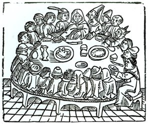 Pilgrimerna från Canterbury sitter ner för en gemensam måltid, illustration från Geoffrey Chaucers (ca 1345-1400) 