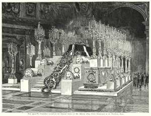 Katafalken uppförd för begravningsgudstjänsten för Hans Majestät Kung Victor Emmanuel, i Pantheon, Rom (gravyr) av English School