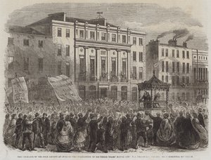 Ordföranden för Sir John Arnott i Cork efter avslutad hans treåriga borgmästardöme, processionen som passerar de kommersiella byggnaderna (gravyr) av English School