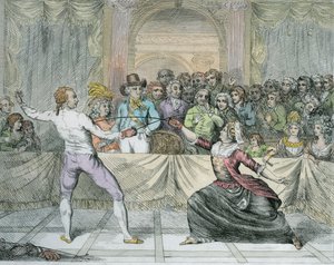Chevalier dEon, klädd som en kvinna, i en fäktningsmatch (senare färg) av English School