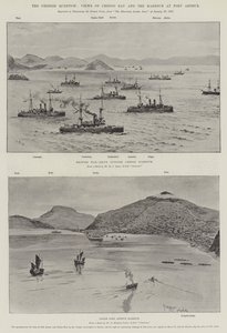 Den kinesiska frågan, utsikt över Chefoo Bay och hamnen i Port Arthur (litho) av English School