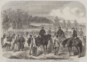 Inbördeskriget i Amerika, spaning gjord av general Stoneman, åtföljd av Comte de Paris och Duc de Chartres, till Cedar Run (gravyr) av English School