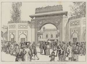 Den koloniala och indiska utställningen, Gwalior-porten, ingången till innergården till det indiska palatset (gravyr) av English School