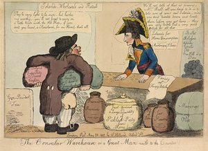 The Consular Warehouse eller en stor man spikad till disken, pub. 1802 (handfärgad gravyr) av English School