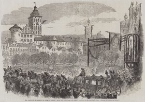 Kröningen av kungen och drottningen av Preussen, inträde i Königsberg, drottningens vagn i processionen (gravyr) av English School