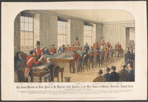 Löjtnens krigsrätt. Perry från H. Majestys 46:e regemente, i mässrummet vid Windsor Barracks, augusti 1854 (färg litho) av English School