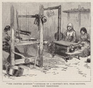 "The Crofter Question", interiör av en torparhydda, nära Saltcots, North-West Territories (gravyr) av English School