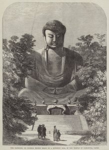 Daibodh, eller kolossal bronsbild av en buddhistisk idol, i templet i Kamakura, Japan (gravyr) av English School