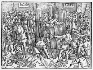 Döden och brännandet av Kristi mest ständiga martyrer, doktor Robert Barns, Thomas Garret och William Hierome, i Smithfield 1541, ur "Acts and Monuments" av John Foxe (1516-87) av English School