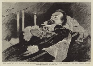 Döden av kung Ludwig II av Bayern, kungen som ligger i staten i kapellet i det gamla palatset, München (gravyr) av English School