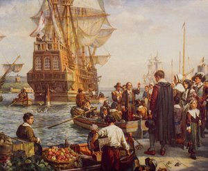 The Departure of the Pilgrim Fathers 1620, illustration från 