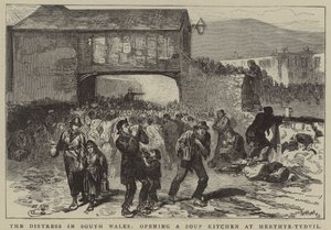 Nöden i södra Wales, öppnande av ett soppkök i Merthyr-Tydvil (gravyr) av English School