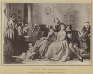 Duetten, från en målning av Frank Stone, introducerar Tennyson, Dickens och Miss Hogarth (litho) av English School