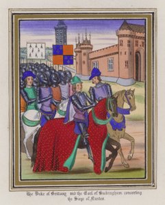 Hertigen av Bretagne och jarlen av Buckingham i konsert med Siege of Nantes (färgad gravyr) av English School