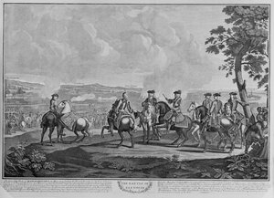 Hertigen av Marlborough (1650-1722) och hans stab vid slaget vid Blenheim den 13 augusti 1704, ca 1704 (linjestick) av English School