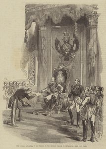 Kejsaren av Ryssland på sin tron, i det kejserliga palatset, St Petersburg (gravyr) av English School