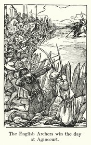 De engelska bågskyttarna vinner dagen på Agincourt (litho) av English School