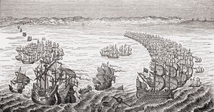 Den engelske flåde, kommanderet af Sir Francis Drake, angreb den spanske armada i 1588, fra 