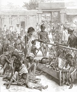 Hungersnöden i Indien: Infödda som väntar på hjälp i Bangalore, oktober 1877. av English School
