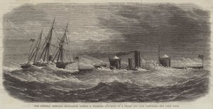Federal Ironclad Monadnock bogserar en handikappad vapenbåt i en storm utanför Cape Hatteras (gravyr) av English School