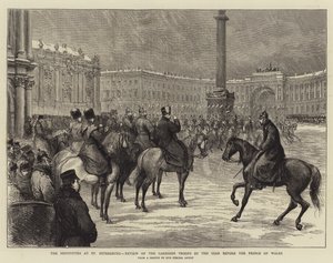 Festligheterna i St Petersburg, genomgång av garnisonstrupperna av tsaren inför prinsen av Wales (gravyr) av English School