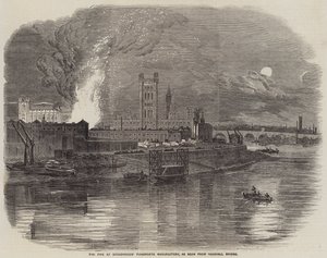 Elden vid Broadwoods Pianoforte Manufactory, sett från Vauxhall Bridge (gravyr) av English School