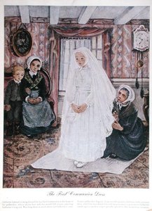 Första kommunionsklänning, ca 1930 (färglitografi) av English School