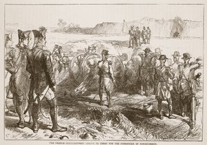 De franska kommissionärerna som kommer för att behandla för överlämnandet av Pondicherry, illustration från Cassells Illustrated History of India av James Grant, pub. 1879 av English School