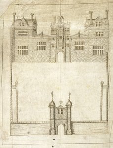 The Front of Wilton House, detalj från Survey of Lands for the 1st Earl of Pembroke, 1566 (penna och bläck på veläng) av English School