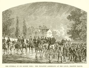 The Funeral of Sir Robert Peel: The Tenantry Assembling at the Lodge, Drayton Manor av English School