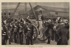 Begravningen av framlidne prins Louis Napoleon, hertigen de Bassano, fästande av Hederslegionens kors på Pallen, i Woolwich (gravyr) av English School