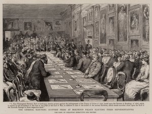 Det allmänna valet, skotska kamrater vid Holyrood Palace väljer sina representanter (gravyr) av English School