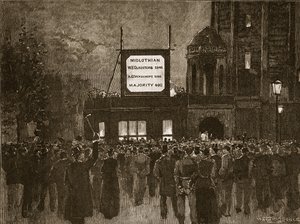 Det allmänna valet 1892: Tillkännage resultat vid National Liberal Club, illustration från Cassells Illustrated History of England (sepiafoto) av English School