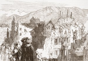 Genevanerna förstör förorterna till sin stad, illustration från The History of Protestantism av James Aitken Wylie (1808-1890), pub. 1878 av English School