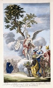 The Genius of Health tar emot Europa, Asien, Afrika och Amerika och levererar dem till British Reader, 1756-1757 av English School