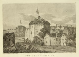 The Globe Theatre on the Bankside som den såg ut under James I:s regeringstid (1566-1625), efter en gravyr ca 1612, publicerad 1810 av English School