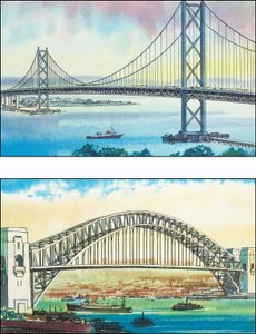 Golden Gate Bridge i San Francisco och Sydney Harbour Bridge av English School