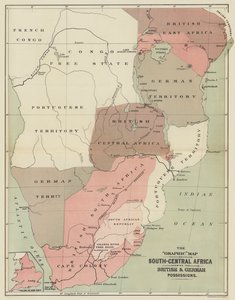 Den grafiska kartan över Syd-Centralafrika som visar de brittiska och tyska besittningarna (färg litho) av English School