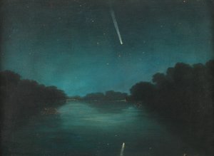 Den stora kometen 1861 sett från Staines Bridge, Middlesex (olja på zink)