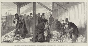 Den stora katastrofen på Themsen, identifierar de dödas kläder på Woolwich Dockyard (gravyr) av English School