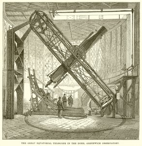 Det stora ekvatorialteleskopet i kupolen, Greenwich Observatory av English School