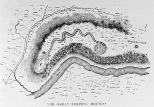 The Great Serpent Mound, nära Locust Grove, Ohio, 2:a århundradet f.Kr., från "Narrative and Critical History of America", pub. år 1889 av English School